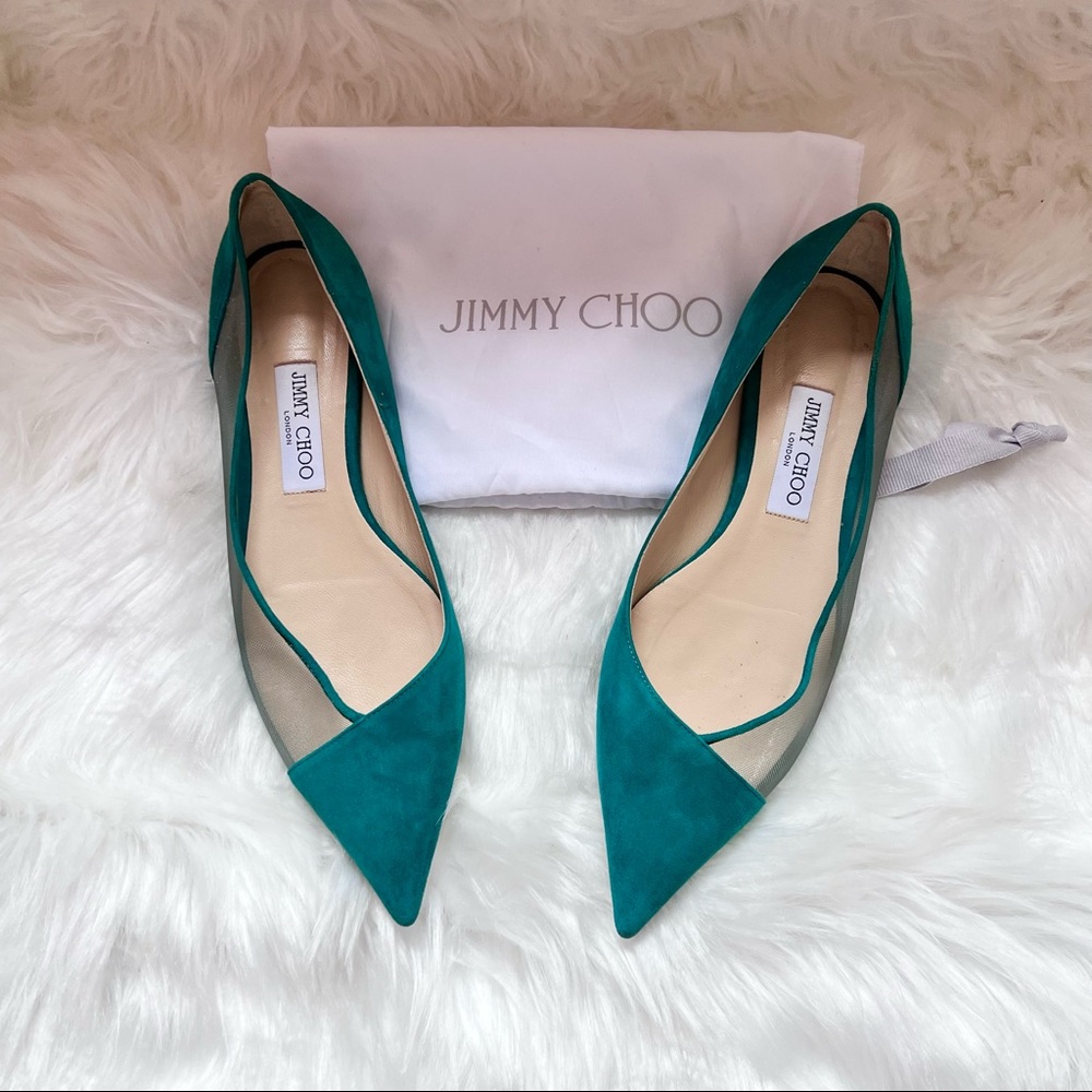 JIMMY CHOO Suede Mesh Point Toe Ballerina Flats in Emerald